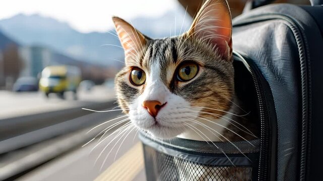 Curious cat observes passing train from backpack at scenic mountain station