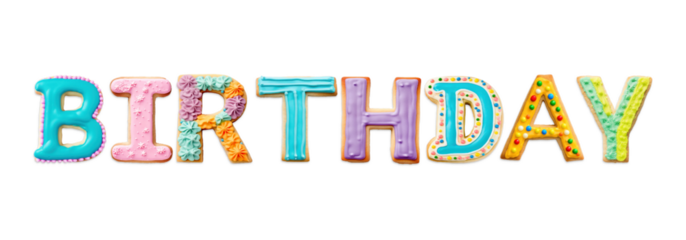 Birthday word png cookie frosting font, transparent background