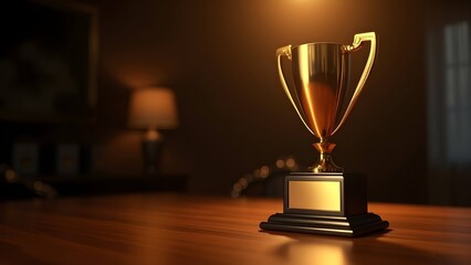 Golden trophy on wooden table with warm light

