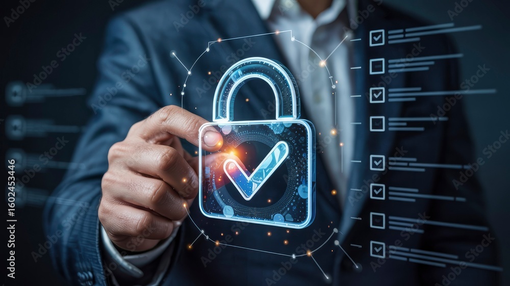 Poster secure data protection businessman activating digital lock with check mark