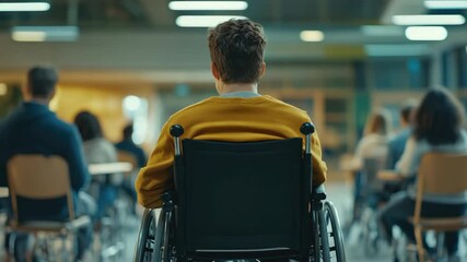 A young man in a yellow shirt sitting on a wheelchair, attentively observing the classroom environment. Inclusive education and accessibility for individuals with disabilities.