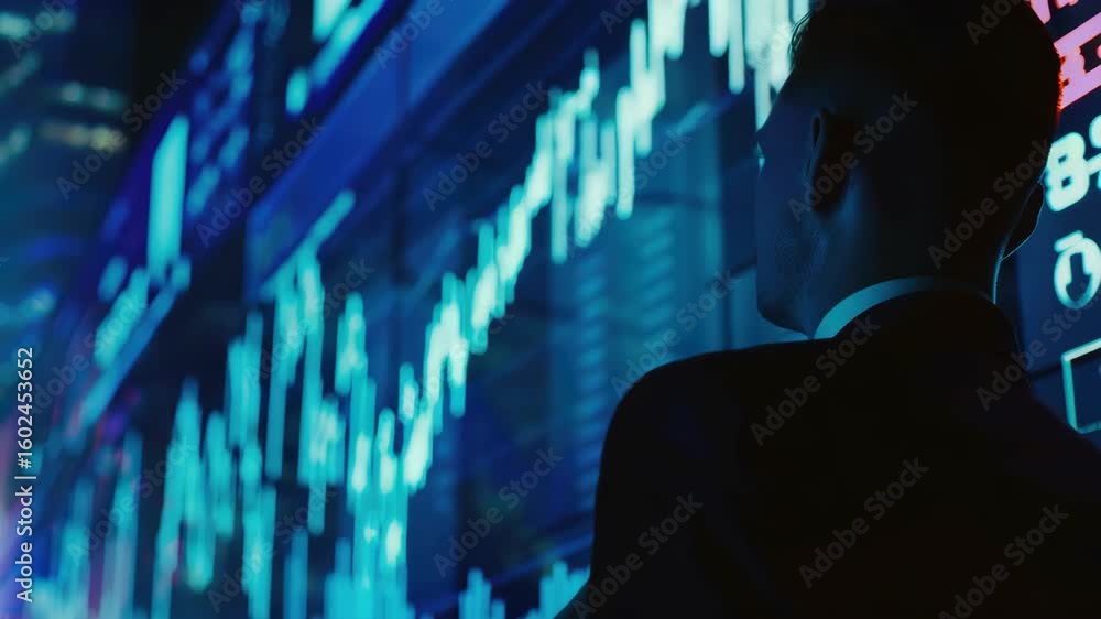Aufkleber man analyzing stock market data on wall of computer monitors.