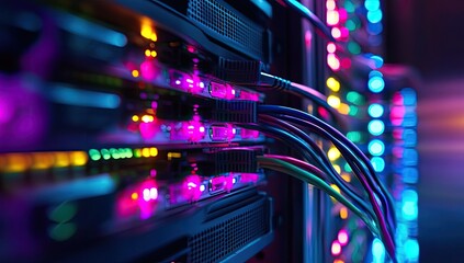 Close-up of server rack with colorful lights and cables