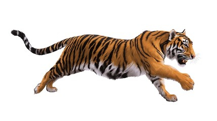 Fototapeta premium A magnificent and powerful tiger leaps forward in a dynamic running pose, isolated on a pure white background.