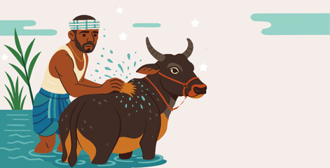 Maatu Pongal Ritual – Farmer Bathing Bull in Celebration of Gratitude, Flat vector style
