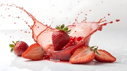 Strawberries splashing in red juice with white background

