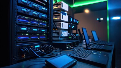Server racks and laptops in a tech room