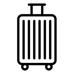 Black and white suitcase with wheels. It is a travel bag. The suitcase is rectangular in shape