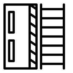 Black and white image of a ladder and a door. The ladder is on the right side of the door