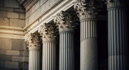 Row of marble columns with ornate capitals, side view, soft light