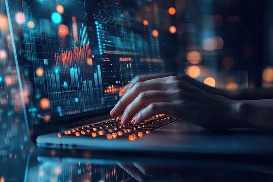 Close-up of hands typing on a laptop with digital data overlay