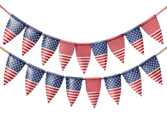 Festive american flag bunting decorations hanging for a patriotic celebration isolated on transparent background