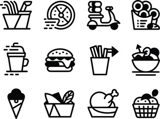 Fototapeta premium Collection of stylized food and delivery icons for restaurants and fast food