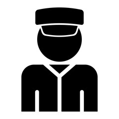 Man in a uniform with a hat on. He is wearing a white shirt and a black jacket