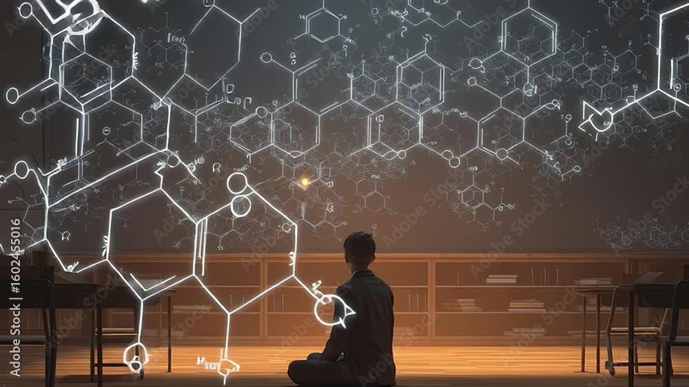 Poster scientist contemplating chemical structures in a modern laboratory setting