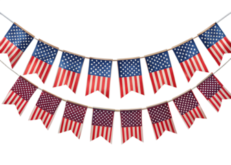 American flag bunting hanging in rows for a patriotic event isolated on transparent background