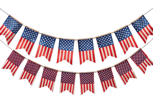 American flag bunting hanging in rows for a patriotic event isolated on transparent background