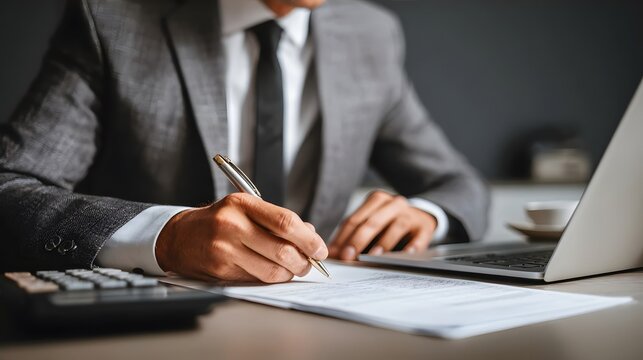 A businessman is writing at a desk.