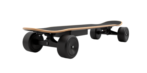 Sleek electric skateboard with hub motors isolated on an empty plain background