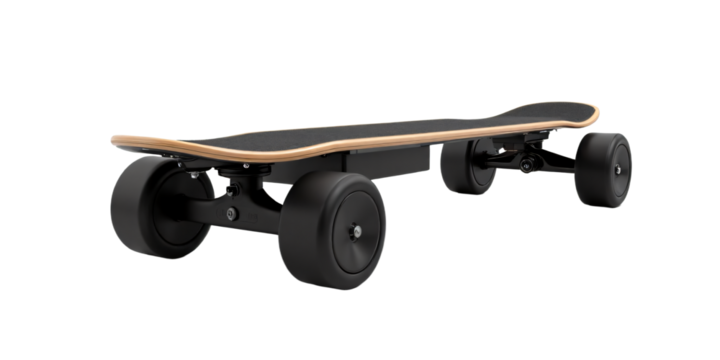 Sleek electric skateboard with hub motors isolated on an empty plain background