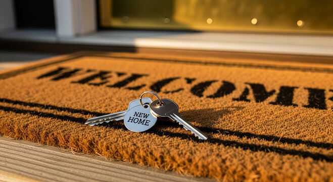 Set of house keys with keychain on welcome mat with "Home Sweet Home" text. Concept of moving in, new home, homeownership, real estate purchase, or housewarming. - Powered by Adobe