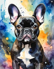 An expressive and colorful watercolor illustration of a French bulldog with prominent bat ears and a brindle coat, set against a dynamic and abstract background of paint splatters.