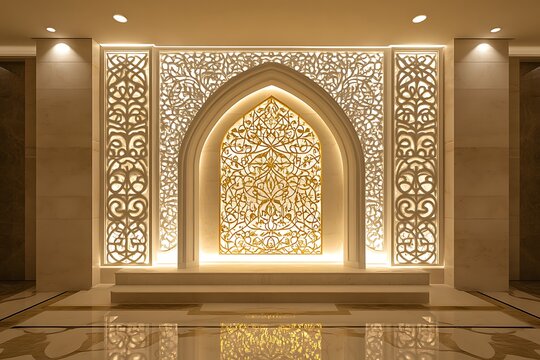 Delicately carved mihrab alcove surrounded by symmetrical floral designs in ceramic tile and golden Kufic script under a soft light source 