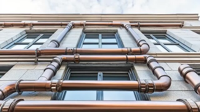 Copper pipes on a building facade
