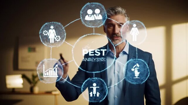 Businessman interacting with a holographic PEST analysis