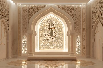 Delicately carved mihrab alcove surrounded by symmetrical floral designs in ceramic tile and golden Kufic script under a soft light source 