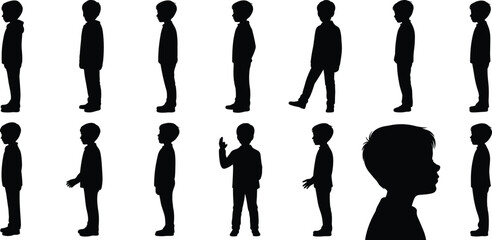 Boy silhouette vector illustration, standing walking child poses, kids profile side view flat design for clipart, educational, animation use