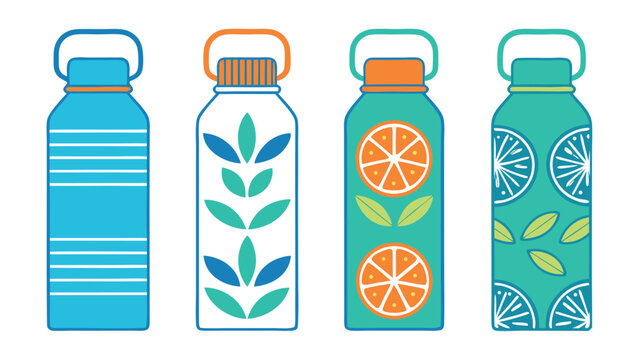 Four colorful illustrated water bottles with patterns