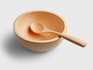 Simple Elegant Wooden Bowl and Spoon on a Clean White Background