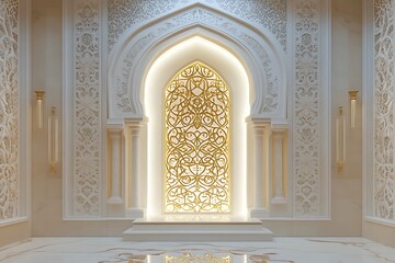 Delicately carved mihrab alcove surrounded by symmetrical floral designs in ceramic tile and golden Kufic script under a soft light source 