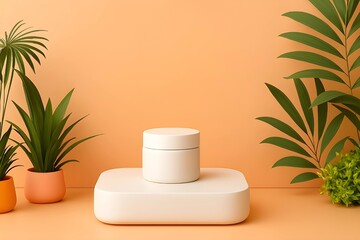 Modern cream jar on pedestal with greenery and orange background

