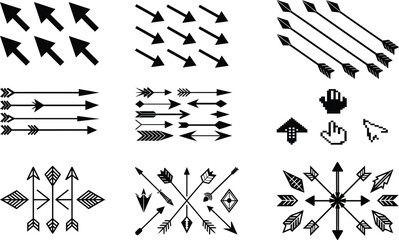 A collection of black and white vector arrow icons, perfect for web design elements, symbols, and directional pointers