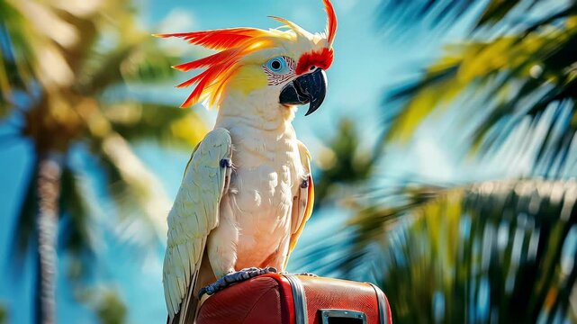 parrot on a suitcase on a beach background. Selective focus