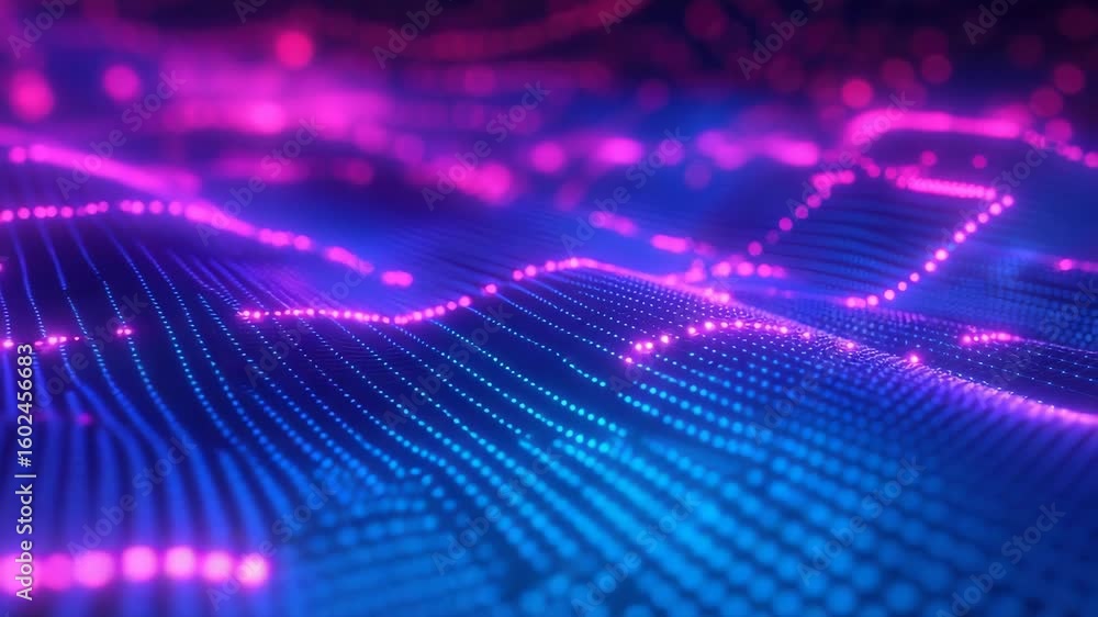 Poster microscopic view of computer board with pink and blue circuitry.