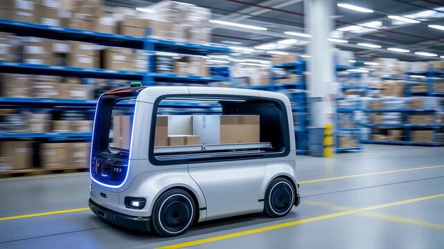 Selfdriving automated vehicle transporting parcels in logistics center.