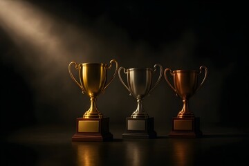 Trio of gold silver and bronze trophies on dark podium spotlight background

