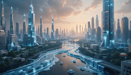 Naklejka premium City of the Future: A breathtaking cityscape depicts a futuristic metropolis, with towering skyscrapers and shimmering architecture reaching towards the sky, evoking innovation and progress.