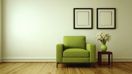 Modern, minimalist room with a lime green armchair