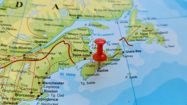 View of Halifax, is the capital and most populous municipality of the Canadian province of Nova Scotia, Canada, on a geographical map of America, marked with red push pin