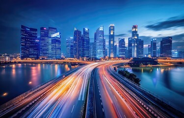 Fototapeta premium Cityscape at night, illuminated skyscrapers, busy highway