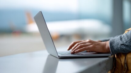 Digital nomad working on laptop at airport terminal, leveraging wireless connectivity while waiting for international flight, representing flexible contemporary professional lifestyle