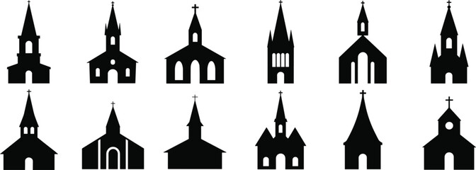 Church building silhouette collection, chapel architecture vector for religious design, logo, print, spiritual decor, and Christian CAD artwork usage