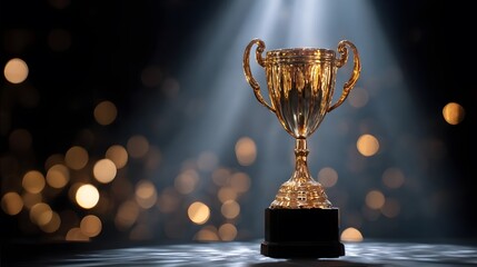 A golden trophy is shining under a spotlight.
