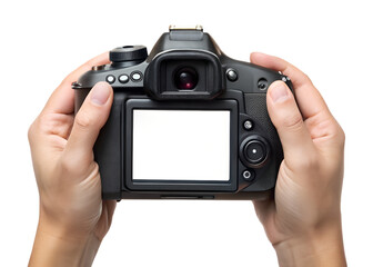 Hands holding a digital slr camera with a blank screen isolated on transparent background