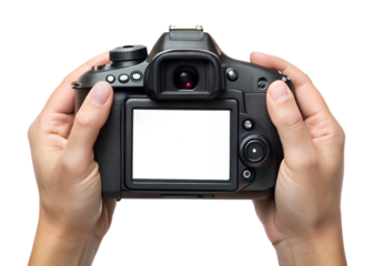 Hands holding a digital slr camera with a blank screen isolated on transparent background
