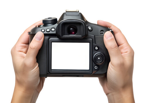 Hands holding a digital slr camera with a blank screen isolated on transparent background